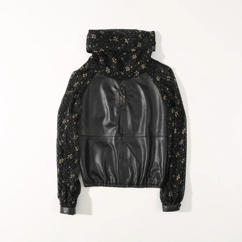 2019 Spring New Splicing Floral Chiffon Top Women's Sense of Self-cultivation Pile Collar Leather Sheepskin leather jacket