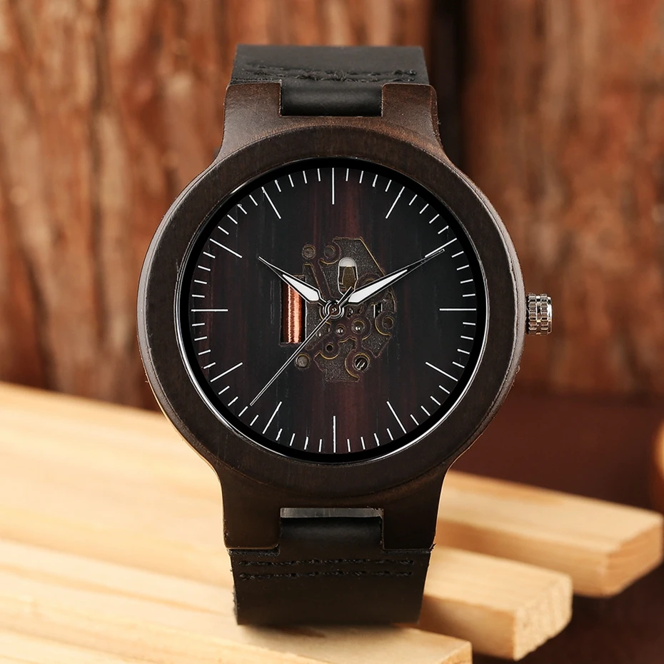 Vintage Black Ebony Wooden Men's Watches Zebra Stripe Round Analog Quartz Wristwatch Sport Skeleton Clock Male Relogio Masculino 2018 (7)