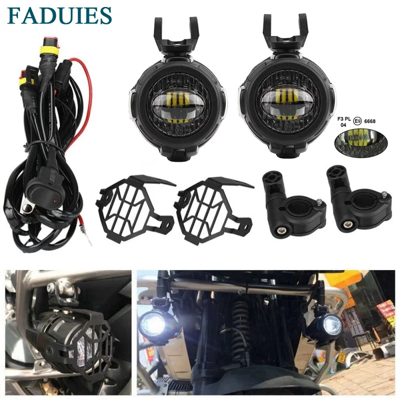 Comprar Foco de luz de conducción auxiliar LED fadies E9 2 uds + protector 2Psc + cableado de interruptor 1Psc para motocicleta BMW R1200GS F800GS