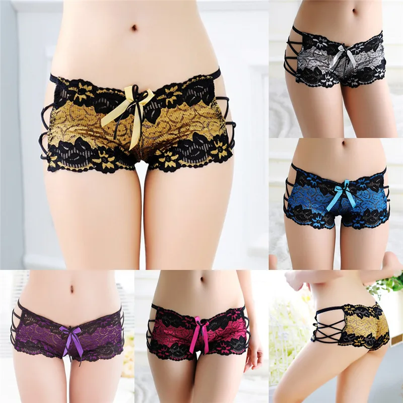 

Sexy Women Low-rise Bow Boxers Boyshorts Lace String Side Strap Panties Underwear Briefs Hollow Out Female Intimates