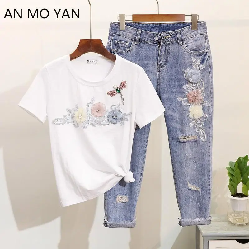 

High Quality An Mo Yan3d Flower Embroidery Harajuku Two-piece Women's Spring And Autumn Sweet Trend Summer Set Women