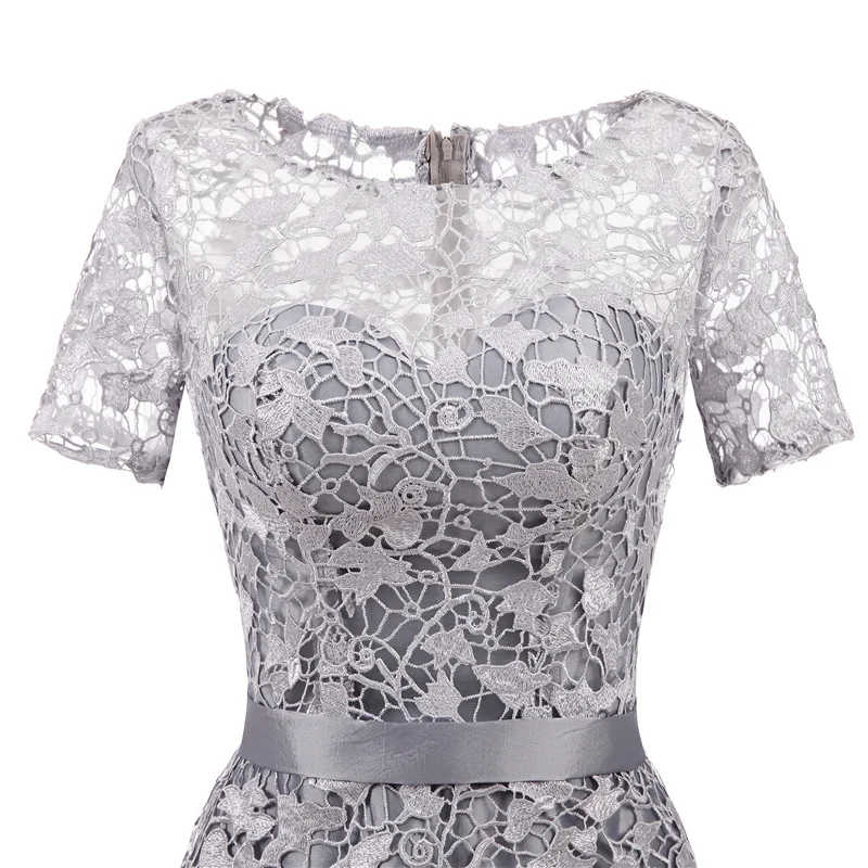 Cocktail Dresses Gray Illusion Flowers Short Sleeves Lace Zipper Straight Knee Length Formal Dress Party Gown It's YiiYa 7552