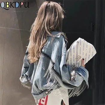 

Women bat sleeve tassel short loose burr denim jacket Female Fashion new boyfrieds outwear 2019 Autumn Streetwear jean coat