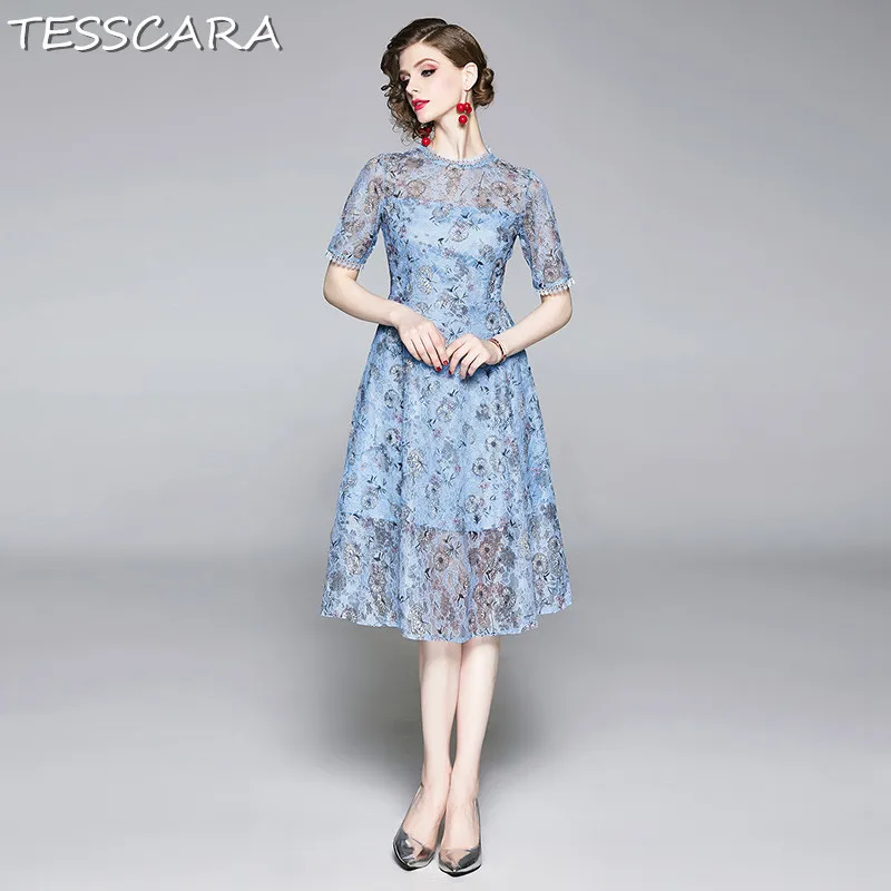 

TESSCARA Women Summer Long Elegant Lace Dress Festa Female High Quality Office Party Robe Femme Floral Print Designer Vestidos
