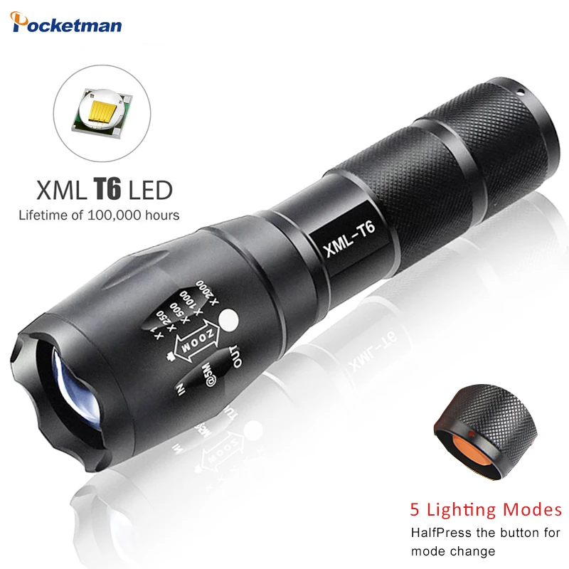 

E17 XM-L T6 5000LM Aluminum Waterproof Zoomable LED Flashlight Torch Light For 18650 Rechargeable Battery Or AAA z40