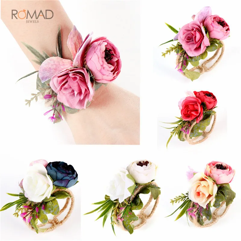 

Romad Wedding Bridesmaid Bride Hand Flowers Wrist Corsage Woven Straw Cuff Bracelet For Wedding Prom Accessories