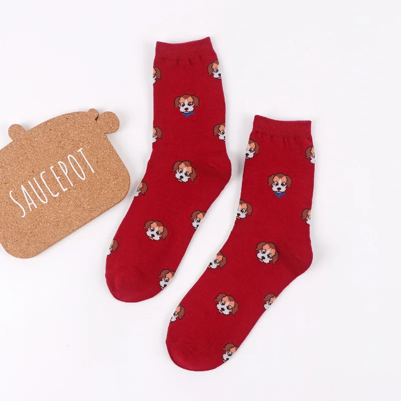 Женские милые хлопковые носки с рисунком собаки, новые удобные носки хаски, сумасшедший, счастливый подросток, белые носки, японские модные забавные носки - Цвет: red