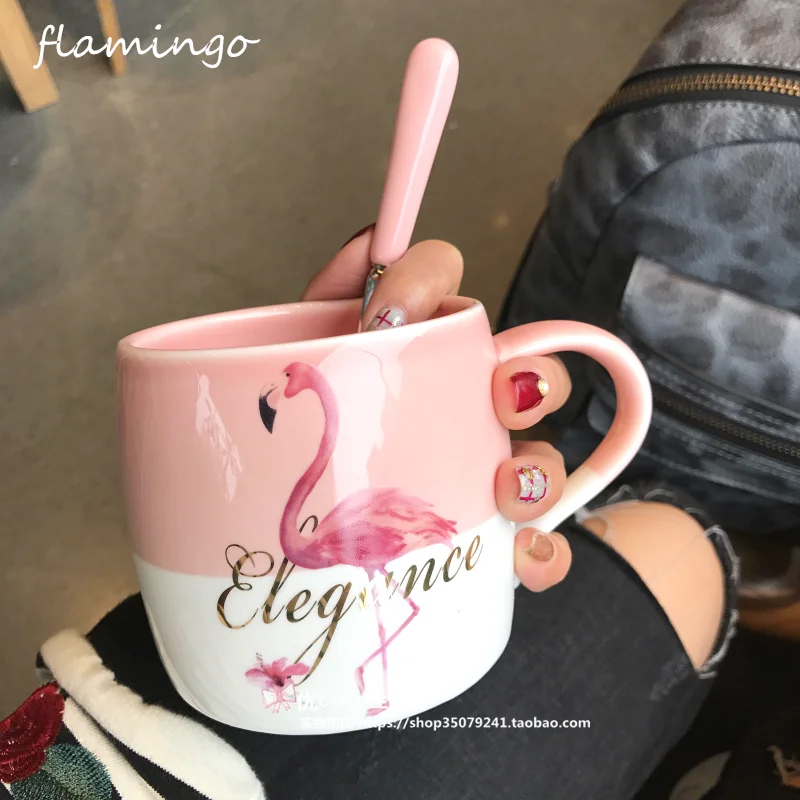 

420ML Flamingo Gradient Bronzing Ceramic Cup Creative Gold Letter Girl Large Capacity Milk Cereal Breakfast Cup Free Shipping