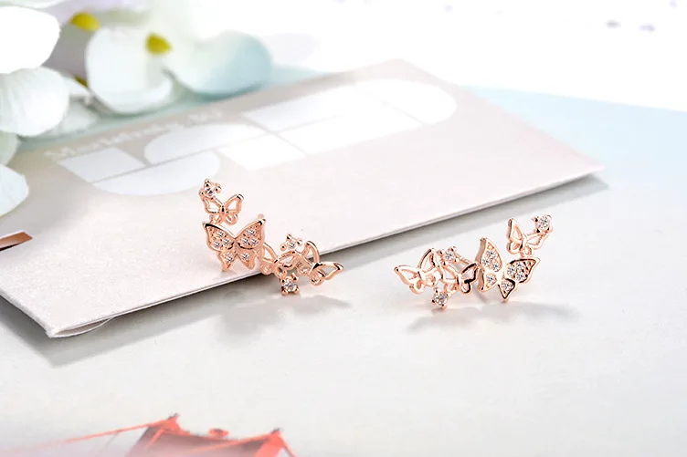 925 Стерлинговое Серебро серьги-гвоздики с кристаллами серьги бабочки для женщин розовое золото Корея ювелирные изделия Новинка