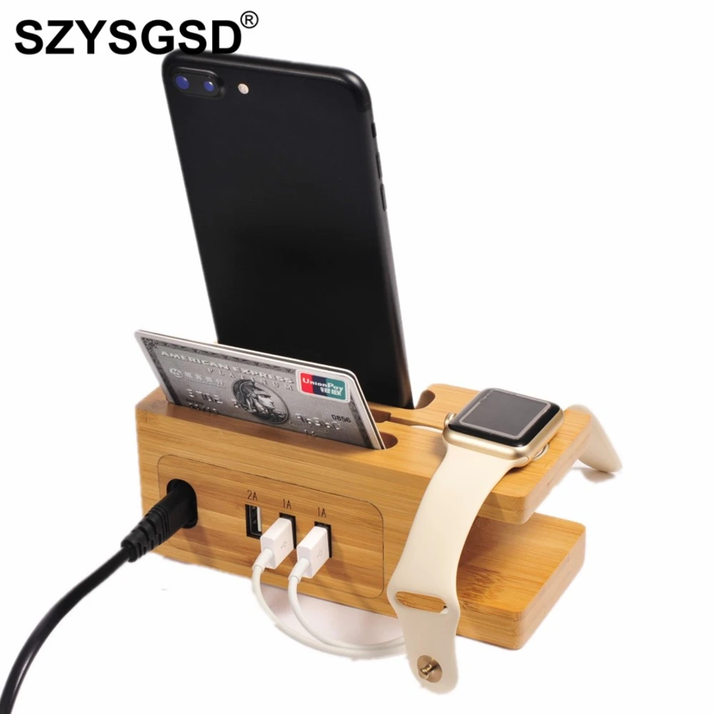 

SZYSGSD 2 in 1 Mobile Phone Holder +3 USB Charger Storage Universal Wood Charging Dock Stand Fast Charging For Watch for iPhone