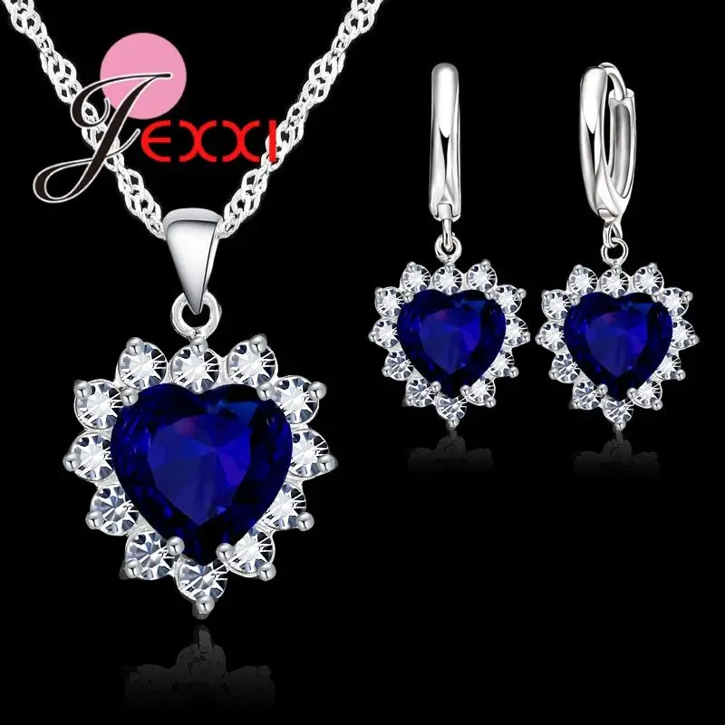 

True Love for Women Girls Crystal Heart Jewelry Sets for Wedding & Engagement 925 Sterling Silver Necklace Earrings Set
