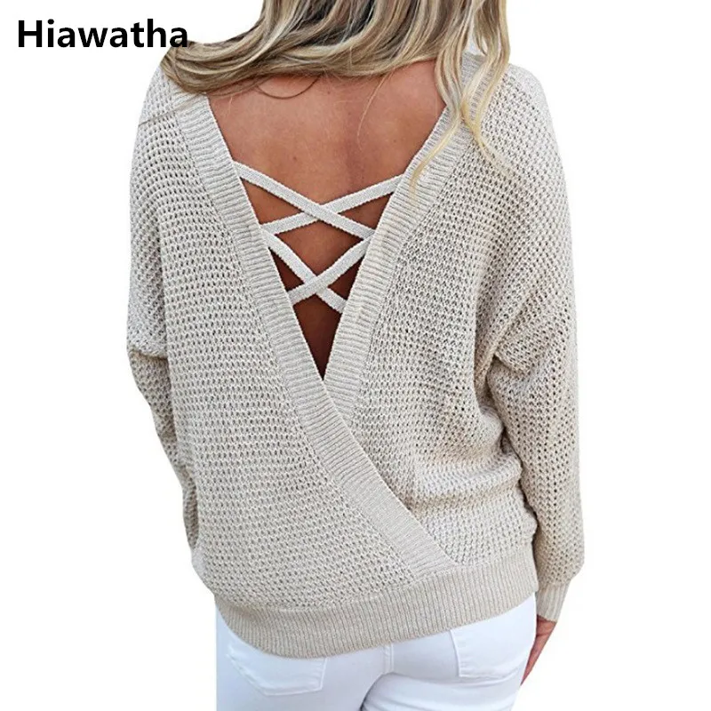 

Hiawatha Pull Femme Gray Criss-Cross V-Neck Pullovers Jumper 2018 Women Autumn Solid Sweater Plus Size Knitwear M084