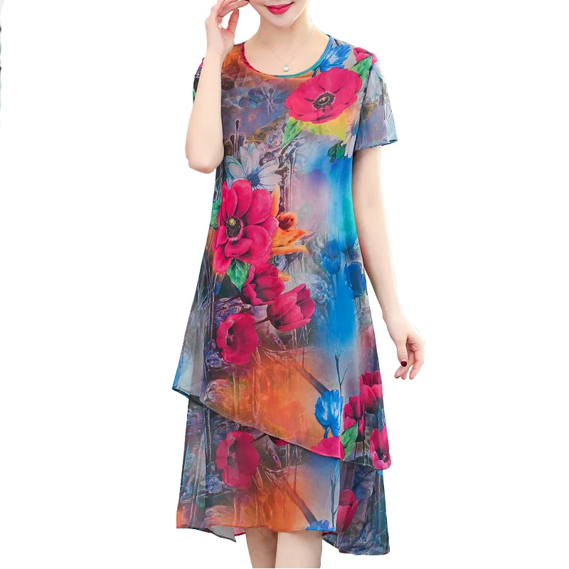 

2019 New women summer dress casual o-neck print Elegant Party silk Dresses short sleeve floral vestidos
