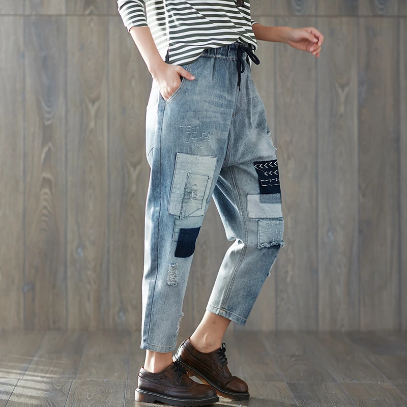

Spring New Boyfriend Jeans Harem Pants Women Trousers 2018 Vintage Loose Patch Ripped Denim Pants High Waist Casual Jeans XXL