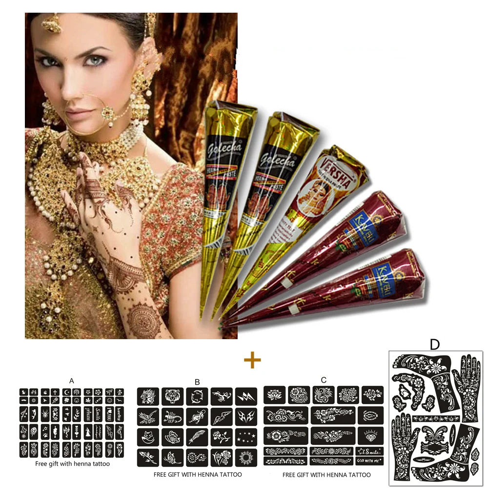 5pcs Henna Cones Indian Henna Tattoo Paste Black Brown Red Temporary Tattoo body art Sticker DIY Mehndi Body Paint with Stencils