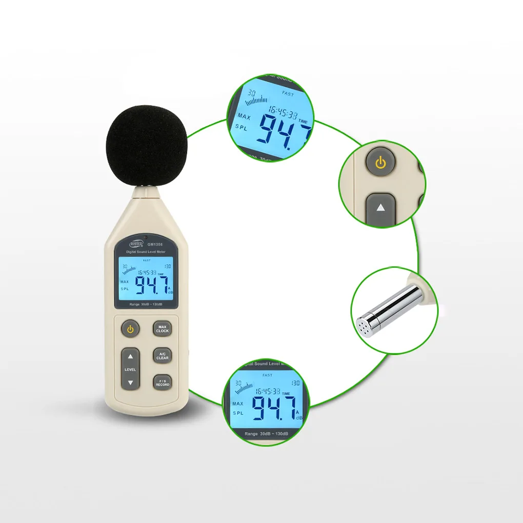 

BENETECH 30-130dB Digital Sound Level Meter GM1357 Noise Tester in Decibels LCD A/C FAST/SLOW dB Screen