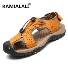 Ramialali/Новые Брендовые повседневные мужские босоножки, тапочки, настоящие Летние кожаные сандалии, открытые дышащие сандалии, большие размеры 38-47