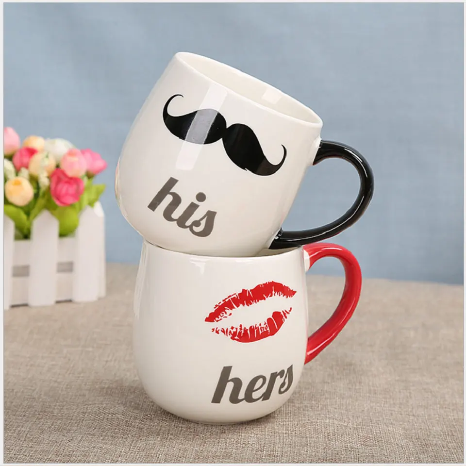 Ceramic Coffee Mug Milk Cup DrinkTea Creative His and Hers Coffee Cup Travel Mug For Couples Porcelain BeardRed Lip Design     CB227-CB228 (2)