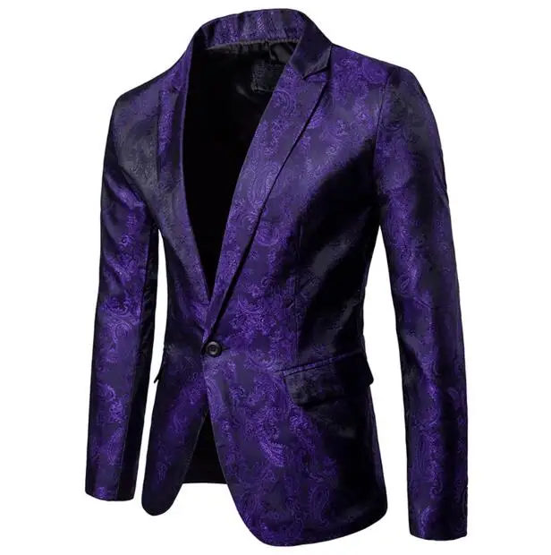 Черный пиджак Для мужчин цветочный узор Пейсли Свадебный костюм куртка Slim Fit стильные сценические костюмы Одежда Для Певица Для мужчин S Пиджаки для женщин конструкции - Цвет: Фиолетовый