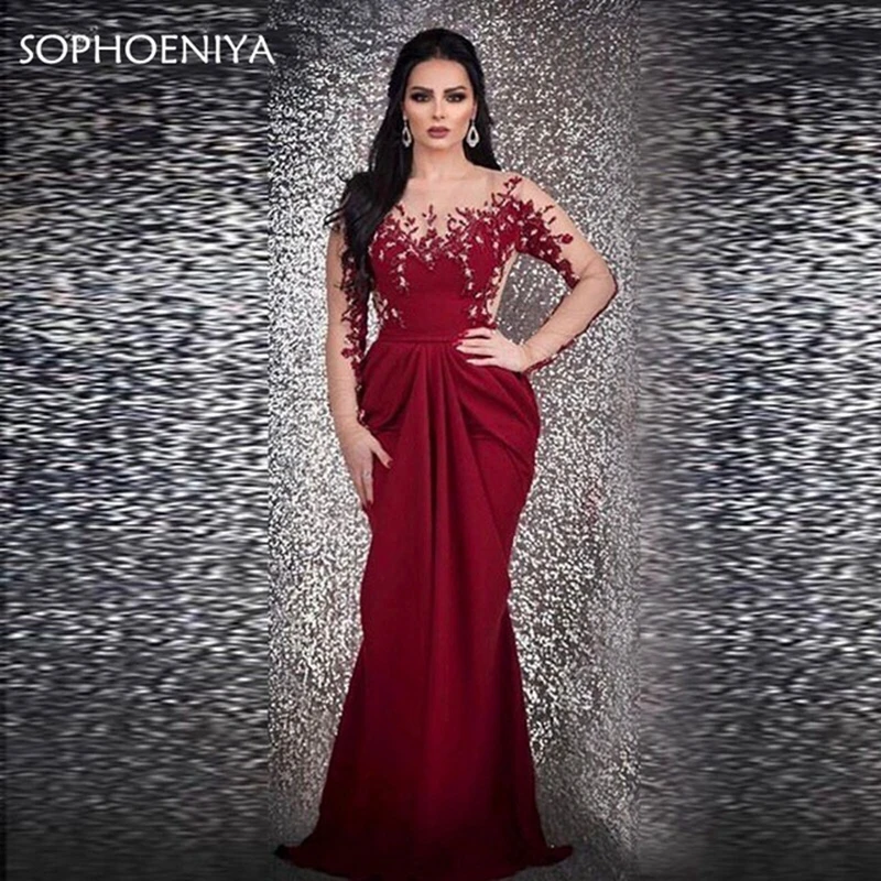 

New Arrival Long Sleeves Burgundy Evening Dress mermaid 2019 robe longue Kaftan Dubai Formal dress Party Gown Robe de soiree