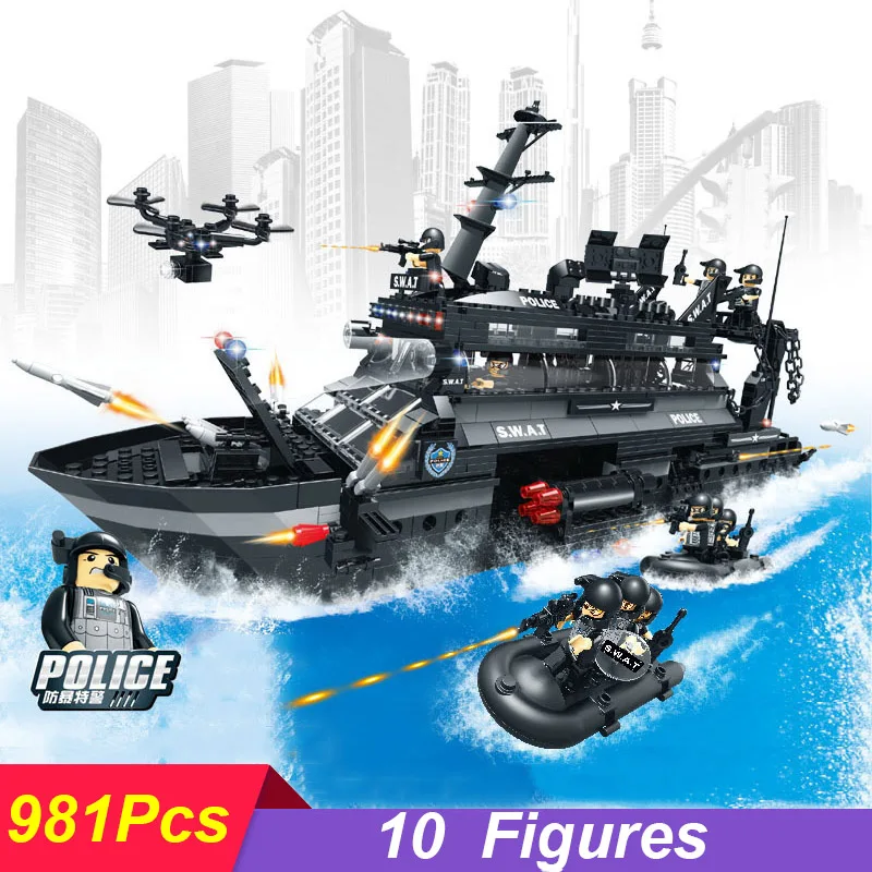 

981Pcs Police Series Chinese Sturgeon Swat Command Ship Model 0546 Building Blocks Bricks Set Toys Compatible Legoings Kid Gift
