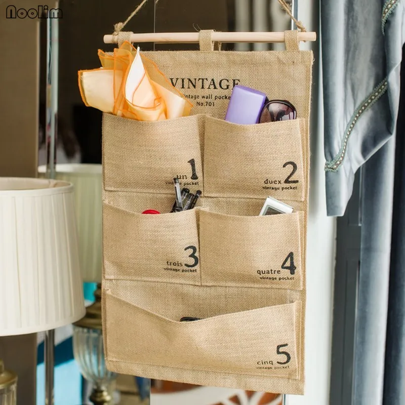 NOOLIM Practical 5 Pockets Wall Hanging Storage Bags Organizer Jute Naturally Letters organizer Cosmetic Sundries storage bag | Дом и сад