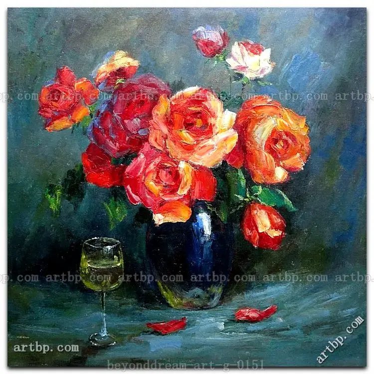 Still Life Of Romantic Red Roses In Vase With Glass Of Wine Oil