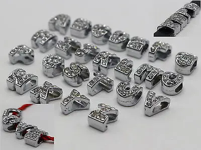 

26 Silver Alloy Rhinestone Letter "A-Z" Curve Slide Charm Fit 6-8mm Wristbands