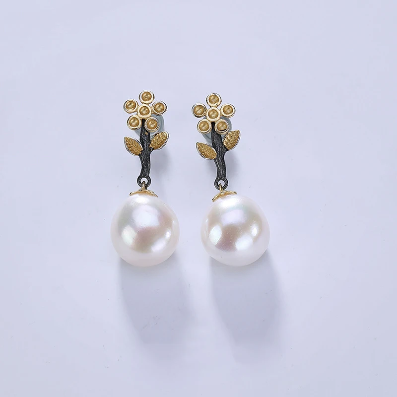 

INALIS Elegant Statement Drop Earrings 925 Strerling Silver Fine Jewelry Flower Leaf Crystal with Natural Pearl Dangle Brincos