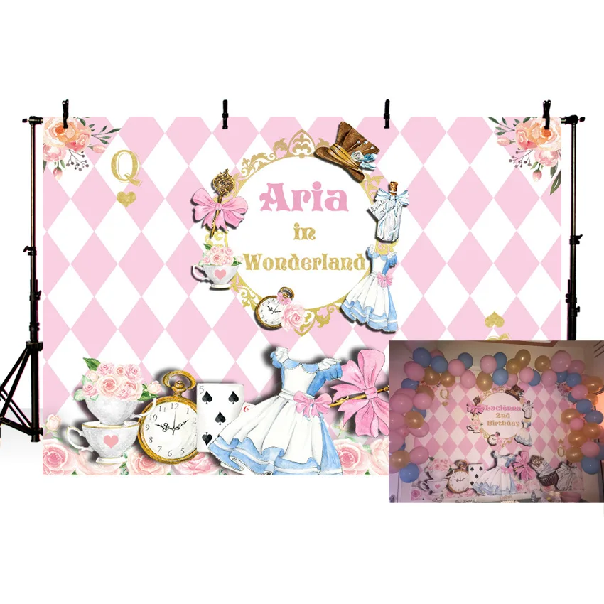 

Vinyl Pink Theme Cartoon Photocall Alice In Wonderland Kids First Birthday Party Custom Photo Studio Backdrops Background