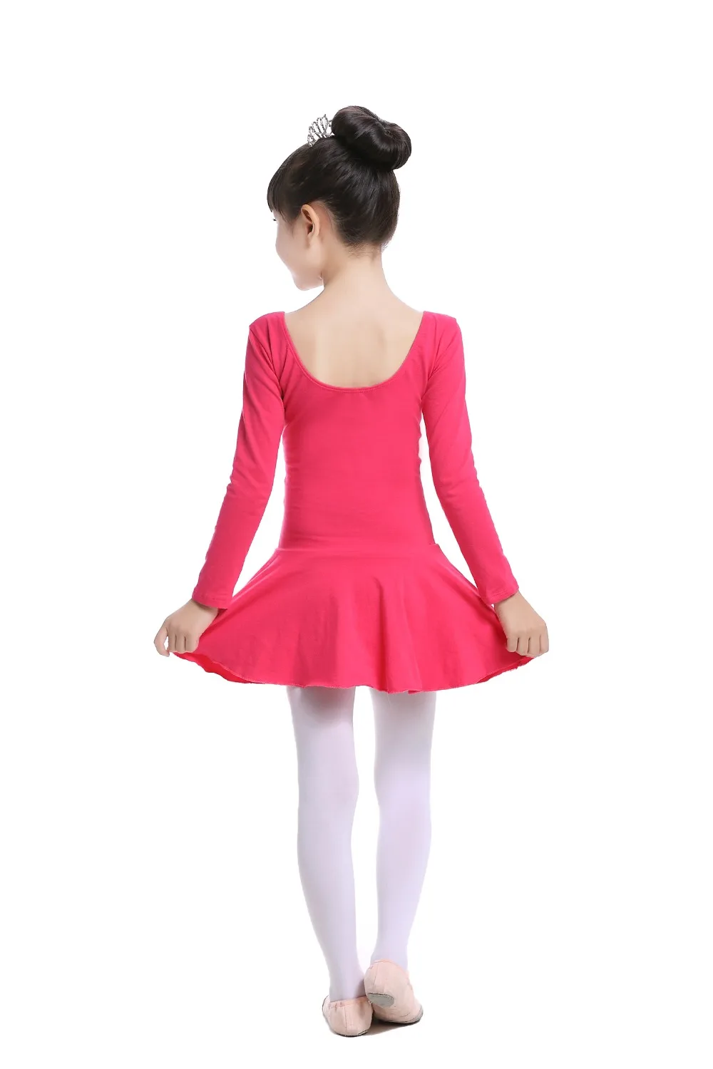 Pink Cotton Formal Ballet Dress for Girls Long Sleeves Shiny Ballet leotard for Dance Kids Gymnastics Professional Tutu Dress (28)