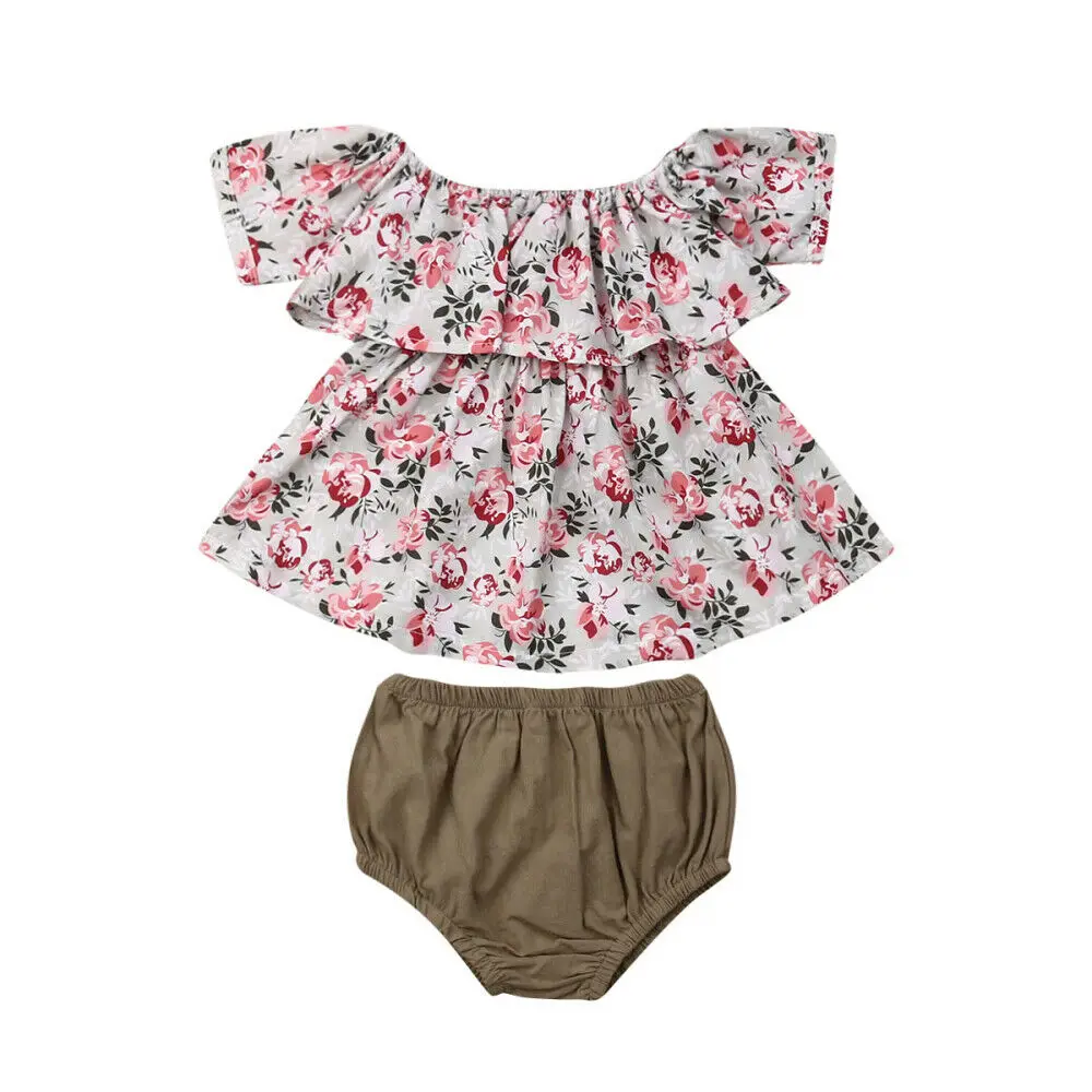 Новые топы с цветочным принтом и рюшами для маленьких девочек, платье, шорты, наряды, комплекты на лето, одежда для детей от 0 до 24 месяцев