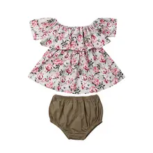Новые топы с цветочным принтом и рюшами для маленьких девочек, платье, шорты, наряды, комплекты на лето, одежда для детей от 0 до 24 месяцев