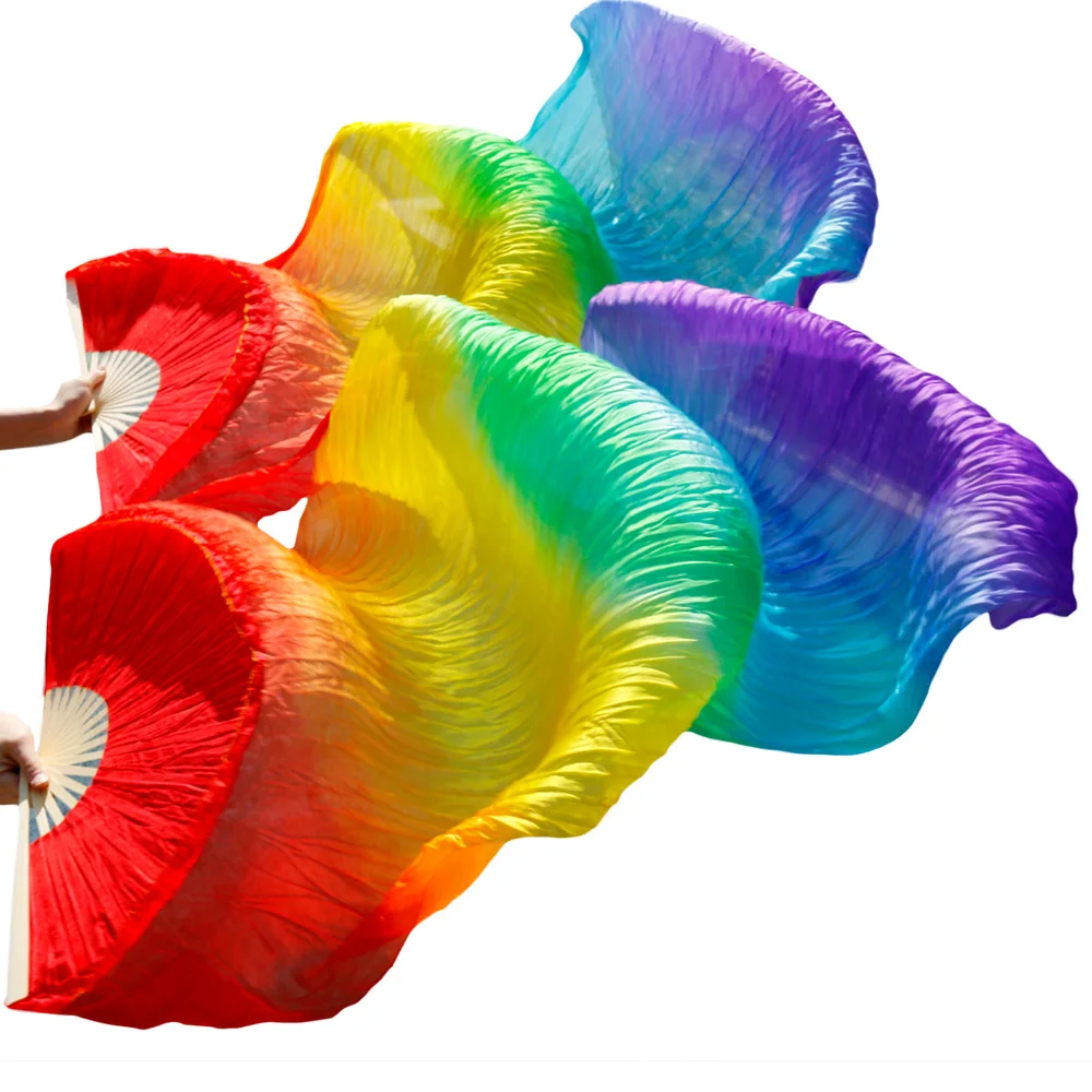 2018 Newest Handmade Bamboo Ribs Dance Props Silk Belly Dance Fans Natural Silk 1 Pc Left hand+1 Pc Right Hand rainbow color