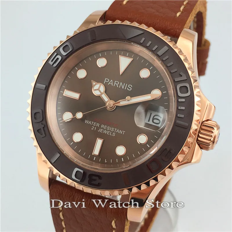 

Parnis 41mm Leather Strap Sapphire Automatic Movement Steel Mens Watches