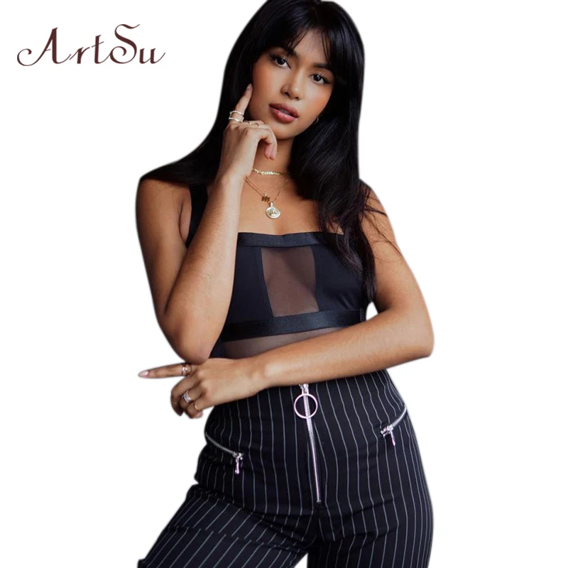 ArtSu شبكة انظر من خلال النساء مثير ارتداءها الشارع الشهير خليط عارية الذراعين حزام أسود Bodycon الإناث الجسم رومبير جديد ASJU41103