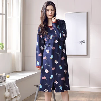 

Ladies Sexy Cotton Fries Nightdress Long Sleeve Round-Neck Nightgown Women Nightdress Autumn Winter Sleepwear Nightwear
