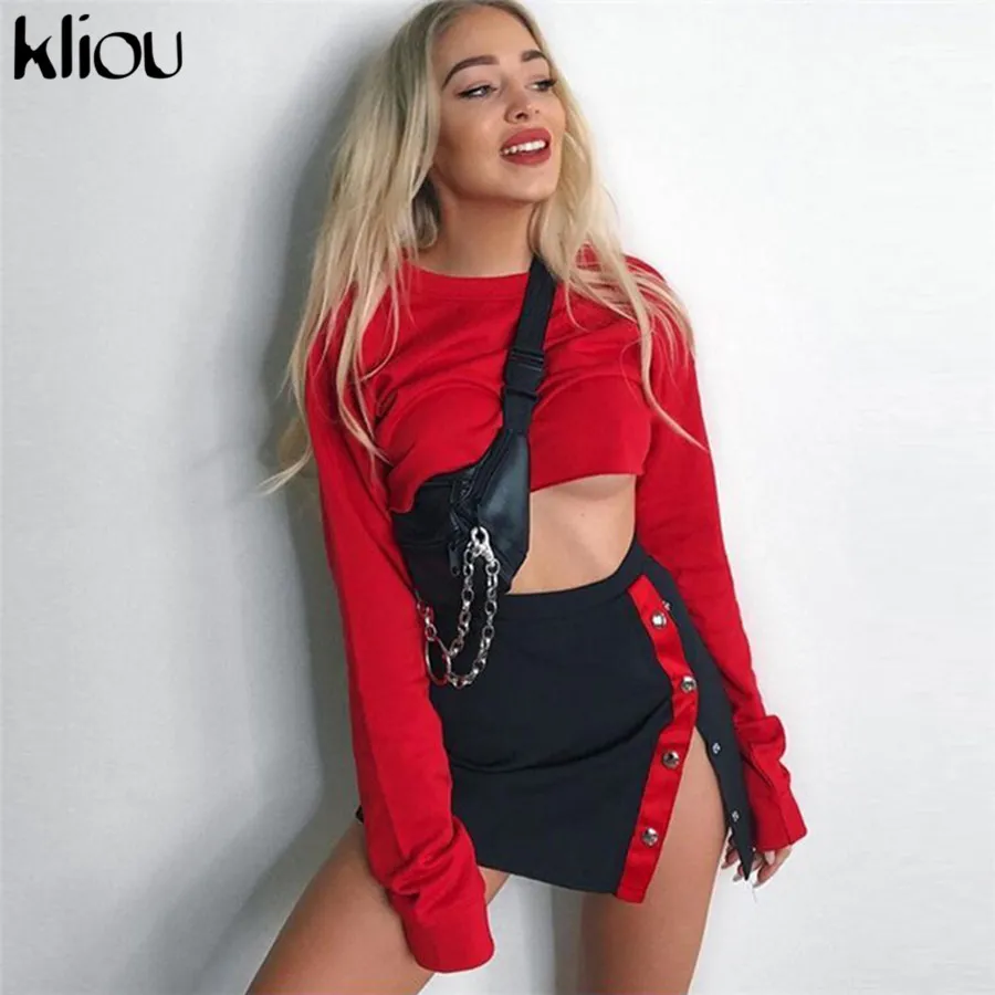 Kliou 2019 الربيع جديد وصول الصلبة الأحمر النساء بلوزات fulll كم فضفاض س الرقبة البلوفرات الإناث أزياء قصيرة عارضة قمم