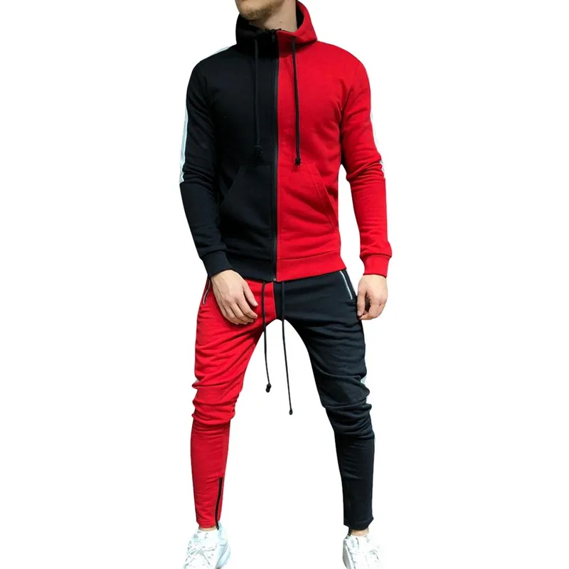 Black-Red Set 2 шт., новинка, уличный спортивный костюм в стиле пэчворк, для мужчин, с капюшоном, для бега, Survete, для мужчин, t Homme, в полоску, Vete, для мужчин, комплект, на завязках, повседневная мужская одежда - Color: Black-Red Set