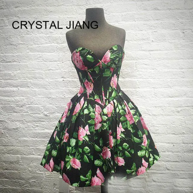 

New Fashion 2019 Cocktail Dresses A Line Sweetheart Natural Waist Floral Printed Formal Knee Length Short Cocktail Party Dresses