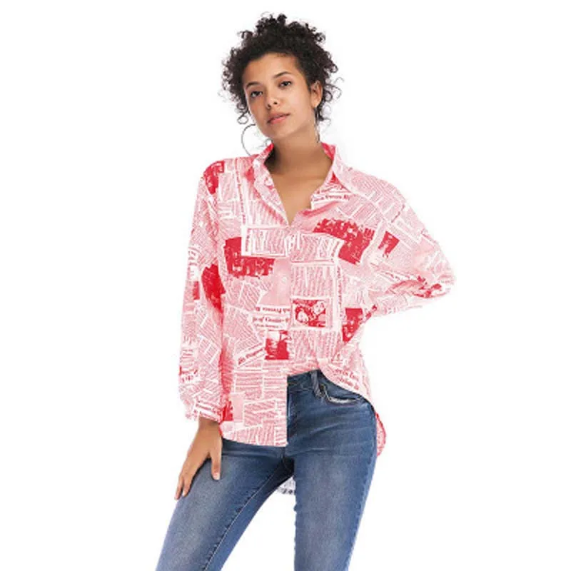 

Spring 2019 New European and American Women's Fashion Newspaper Printed Loose Long-sleeved Single-row Button cardigan shirt