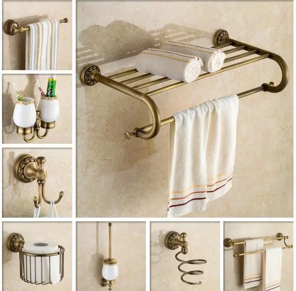 Luxury Copper bathroom accessories antique towel bar glass shelf toilet brush holder paper holder wall mount bath hardware set