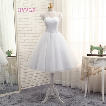 

Vestido De Noiva 2019 Short Wedding Dresses A-line Tea Length Tulle Crystals Bow Backless Cheap Boho Wedding Gown Bridal Dresses