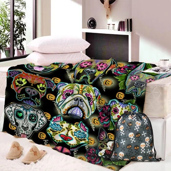 

Dropship Skull Dog Throw Blanket Mandala Boho Bohemian Sherpa Fleece Blanket Pink and Blue Blanket for Beds