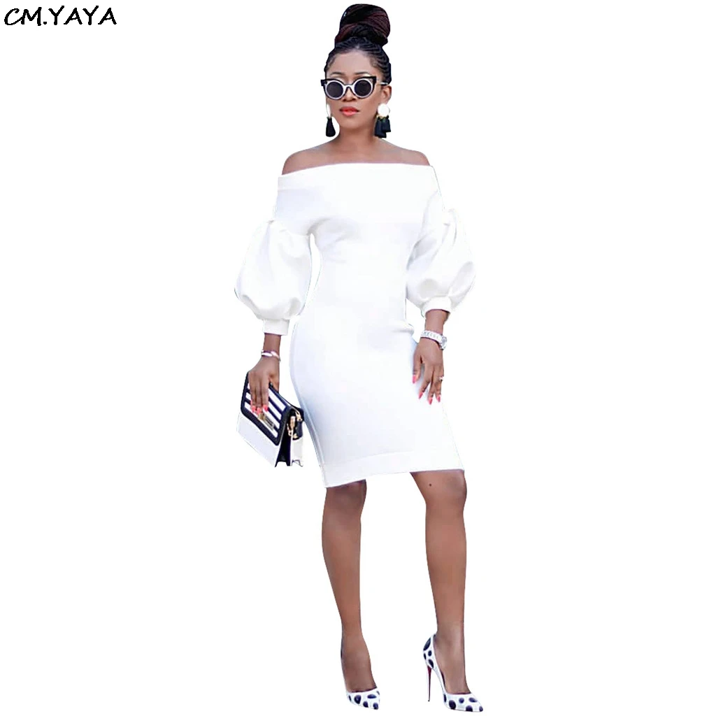 

new 2019 spring women sexy off shoulder lantern sleeve slash neck knee length midi party dress vestidos 3 colors R6129