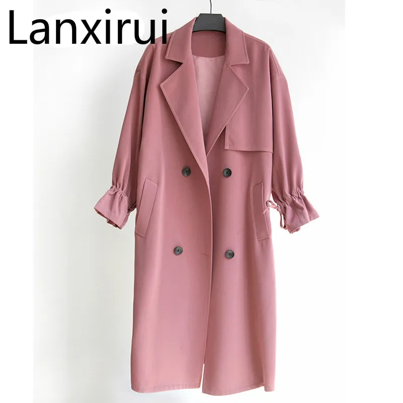 

Pink Especial Women Trench Over Coat Fashion Lady Long Trenchs Outerwear Turn Down Collar Sash Black Buttons