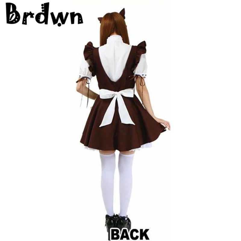 Brdwn/супер милый Карнавальный костюм для девочек с кошачьими ушками кофейня, японского аниме костюм горничной платье-фартук(платье+ фартук+ одежда для волос