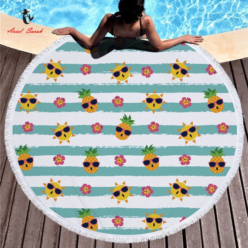 Billige Ariel Sarah Neue Runde Strand Handtuch Mode Ananas Strand Handtuch mit Quasten Mikrofaser Picknick Decke Matte Tapisserie 2019