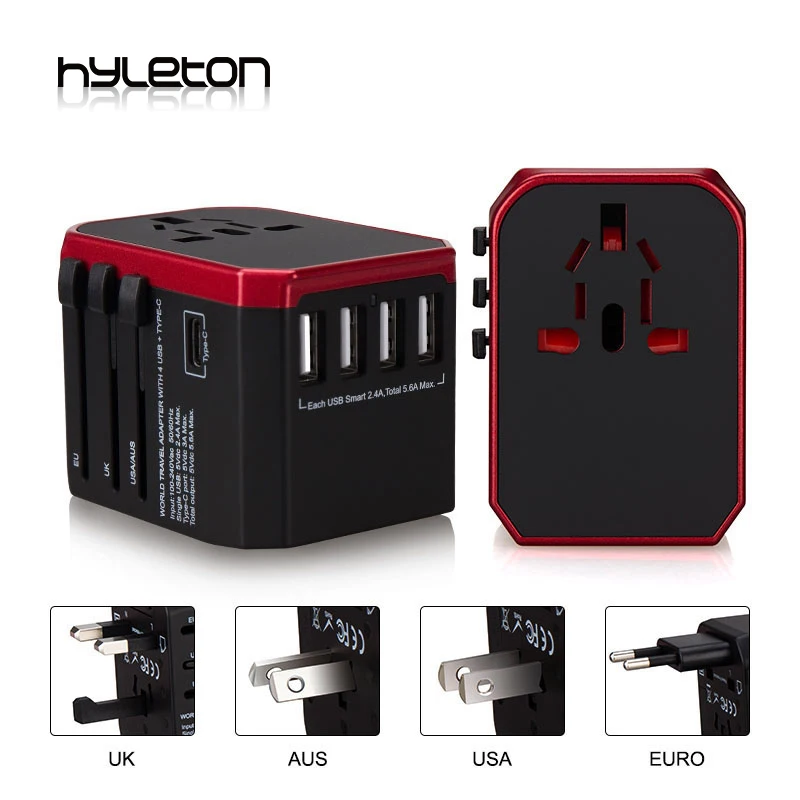 Hyleton  travel Adapter universal AC Power adapter 4 USB Charger adaptor Electric Plug Socket Converter for xiaomi/iphone phones