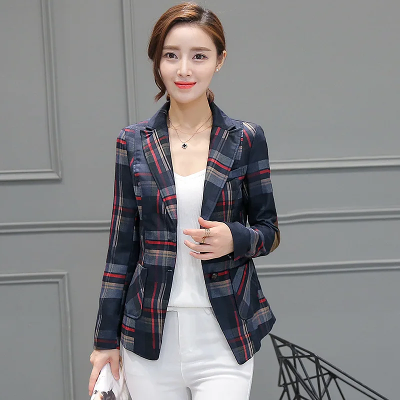 

2019 Autumn Print Plaid Plus Size Single Breasted Women's Suit Long Sleeve Casual Ladies Office Blazers XXXL